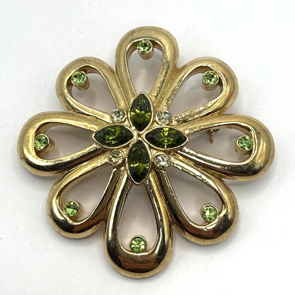 Vintage Green Rhinestone Floral Brooch – Gold Tone Openwork Flower Statement Pin